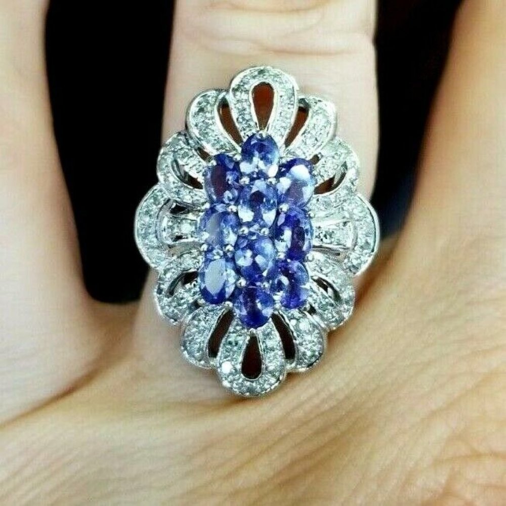 $2500 Estate large stunning 14k white gold tanzanite diamond cocktail ring s7,5
